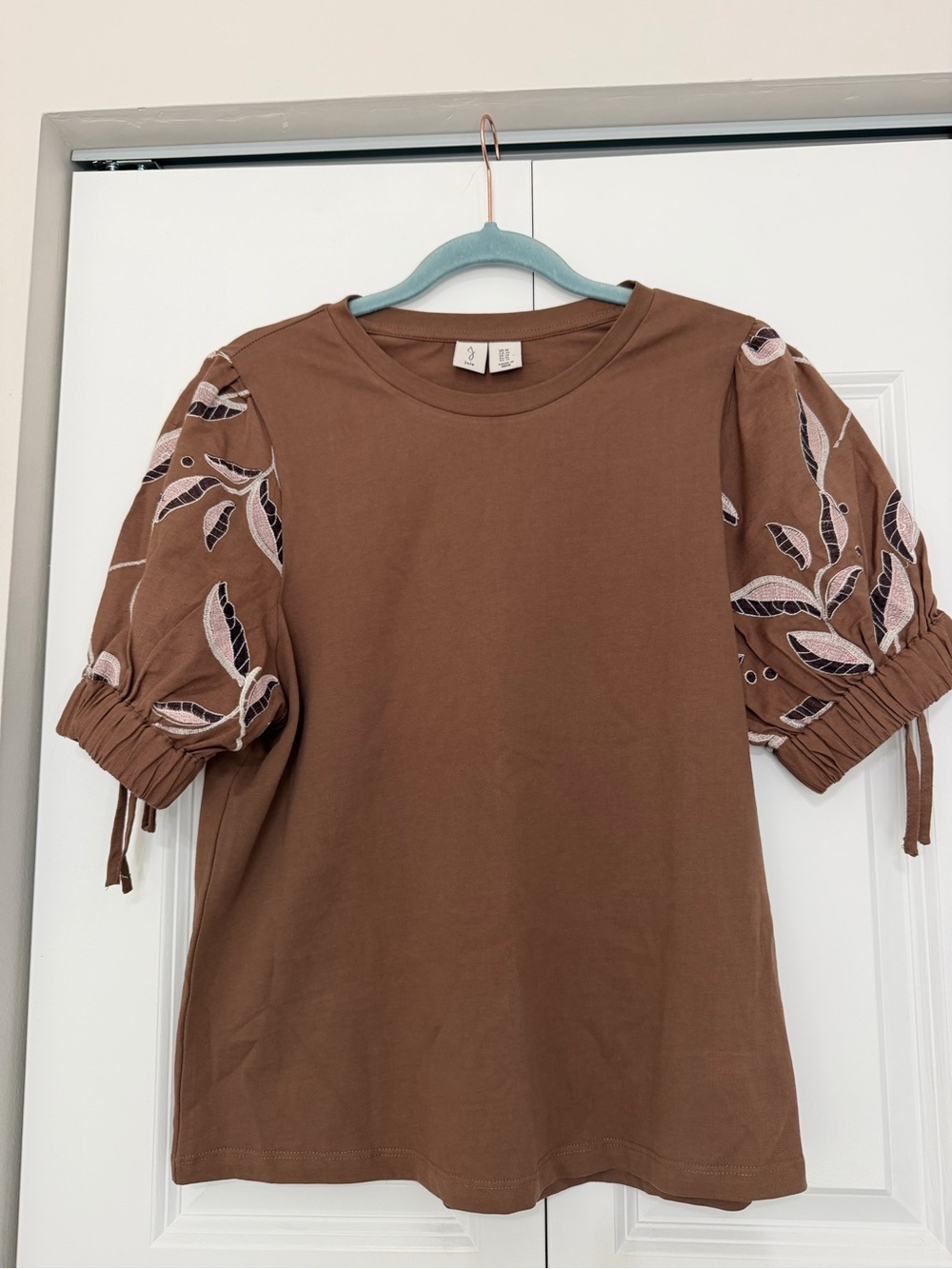 Joie Brown Puff Sleeve Tee with Embroidered Leaf Detail